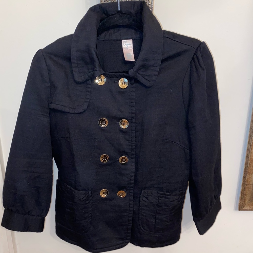 Aqua blazer with gold buttons